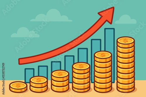 Financial growth and investment concept. Stacks of gold coins and ascending bar chart with upward red arrow. Symbol of business profit, revenue increase, savings, and success.