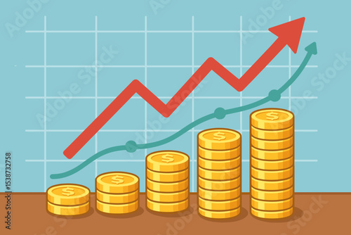 Investment growth vector concept with increasing stacks of gold coins and an upward trend arrow graph. Financial success, business profit, market analysis, and revenue increase.