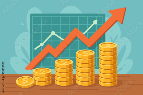 Investment growth concept with stacks of coins and a rising arrow graph. Financial success, profit, and wealth building illustration. Business revenue and economic market analysis.