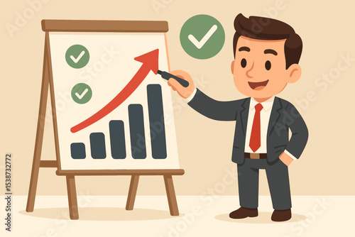 Businessman character presents a successful growth strategy. Manager points at a rising bar graph with an upward arrow on a flip chart. Concept of financial plan, success, and data analysis.