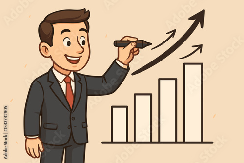 Businessman drawing a growth chart with an ascending arrow. Business success, strategy, and financial profit concept. Cartoon vector illustration for presentation and marketing.