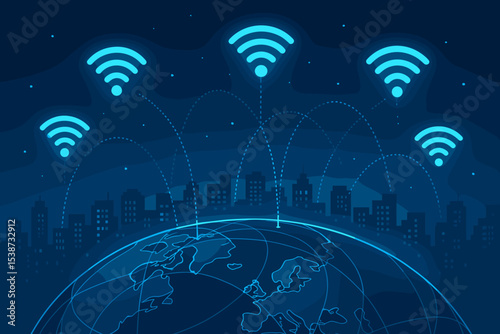 Global telecommunication network concept with Wi-Fi symbols over a smart city skyline. Wireless technology, internet connection, 5G data transfer, and globalization background vector.