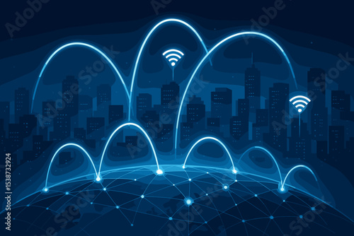 Global network communication and smart city concept. Wireless internet connection and data transmission over the planet Earth. Futuristic cityscape background with wifi signal.
