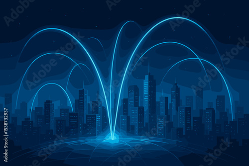 Smart city and global communication network concept. Futuristic urban cityscape with glowing lines showing data transmission. Abstract background for internet, 5G, and telecom technology.
