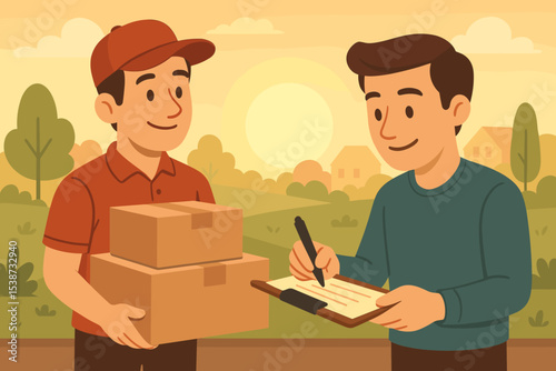 Courier delivering packages to customer at home. Man signing on clipboard to confirm receipt of parcels. Concept for e-commerce, shipping, logistics, and home delivery service.
