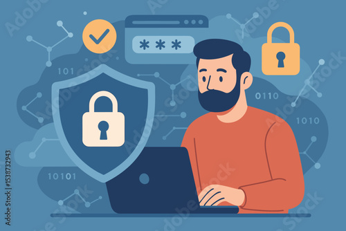 Cybersecurity concept vector illustration. Man on laptop with shield and padlock icons. Data protection, digital privacy, secure password login, and network firewall technology.