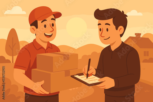 Package delivery service concept. Courier in uniform delivering cardboard boxes to a customer. Man signing for parcel receipt. E-commerce logistics and shipping vector illustration.
