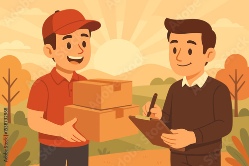 Friendly courier delivering cardboard boxes. Customer receiving a parcel and signing for the order. E-commerce shipping and logistics concept. Express delivery service vector.