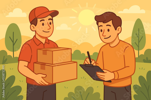 Courier delivering packages to a customer signing on a clipboard. Concept of express delivery service, e-commerce shopping, shipping, and logistics. Man receiving a parcel. Vector.