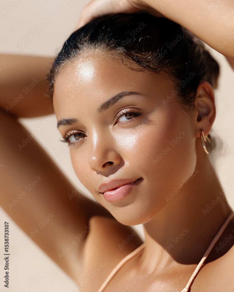 Naklejka premium multi-ethnic sun protection A close-up of a confident woman enjoying a sunny day, showcasing her natural beauty and radiant skin.