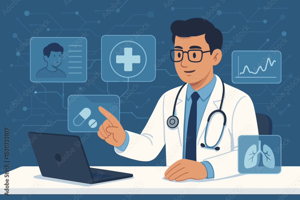 Medical innovation concept of a doctor with laptop and futuristic interface. Digital healthcare, telemedicine, AI in medicine, online diagnosis, virtual consultation, patient records. Medical innovation concept of a doctor with laptop and futuristic interface. Digital healthcare, telemedicine, AI in medicine, online diagnosis, virtual consultation, patient records.