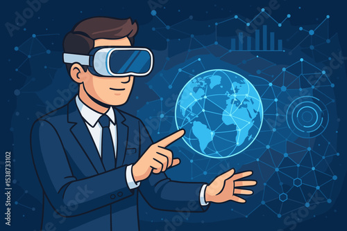 Businessman wearing VR glasses interacts with a holographic globe and data charts. Concept for metaverse, global business, futuristic technology, data visualization and digital network.