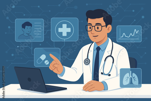 Medical innovation concept of a doctor with laptop and futuristic interface. Digital healthcare, telemedicine, AI in medicine, online diagnosis, virtual consultation, patient records.