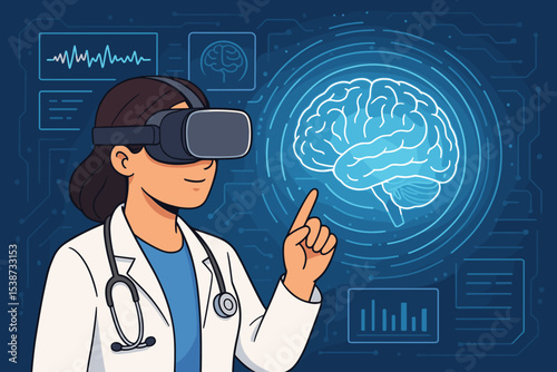 Female doctor wearing virtual reality headset interacts with holographic brain. Concept for futuristic healthcare, neurology, medical technology, digital diagnosis, and neuroscience.