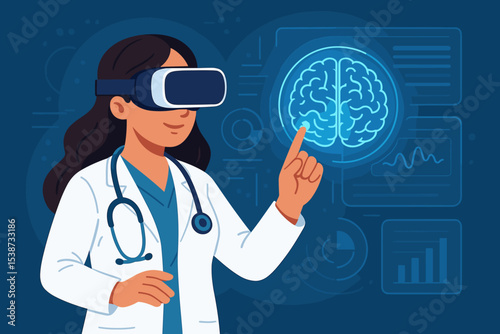 Doctor wearing virtual reality headset for medical diagnosis. Woman scientist analyzes human brain on a futuristic digital interface. Healthcare technology, metaverse, AR, VR concept.