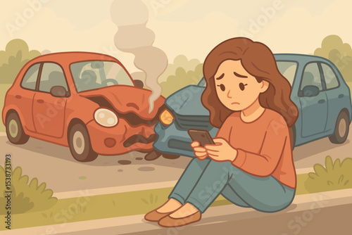 Sad woman driver sitting on the roadside after a car accident. Upset girl using a smartphone to call for help or insurance. Vehicle collision, damage, and emergency concept.