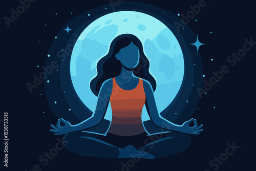 Woman meditating in lotus pose under a full blue moon at night. Yoga practice for mindfulness, calm, and spiritual harmony. Mental health, inner peace, and wellbeing concept.