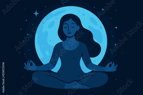 Woman meditating in lotus pose under the blue full moon. Serene girl practicing yoga for spiritual harmony and mental health. Mindfulness, relaxation, and wellness concept.