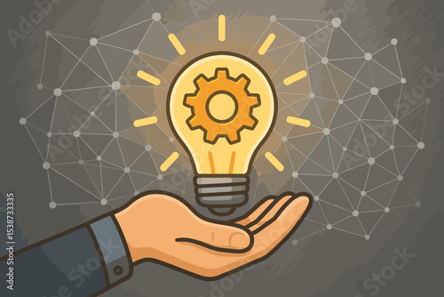 Innovation concept with hand holding a light bulb. Gear inside bulb symbolizes new ideas, creativity, and solutions. Business strategy and technology development on a network background.