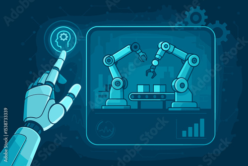 Robot hand managing smart factory automation with AI interface. Industry 4.0 concept with robotic arms on conveyor belt. Futuristic manufacturing technology and industrial production line.