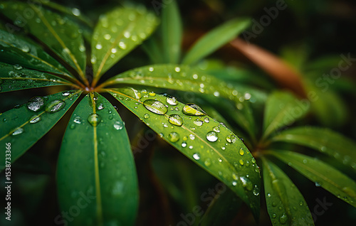 Closeup of Green Leaves with Water Droplets