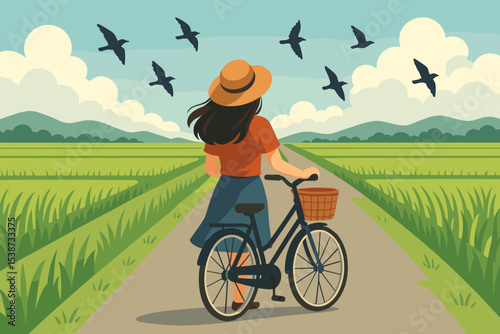 Woman with bicycle on a rural road, enjoying a peaceful journey through the countryside. Girl in a hat walking in a green landscape with rice fields, mountains, and flying birds.