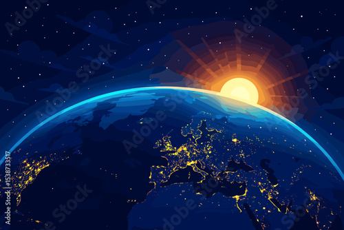 Planet Earth from space with sunrise over Europe. Vector globe with night city lights illustration. Global connection, new day, dawn of hope, future technology, and business vision.