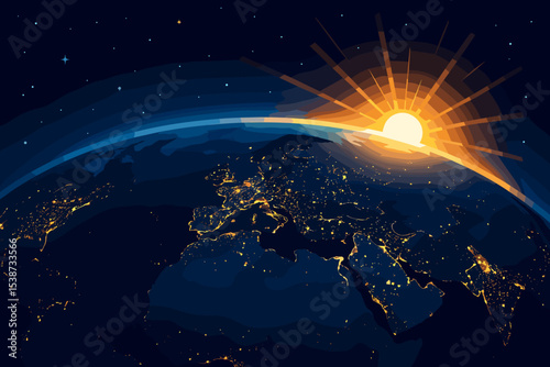 Vector illustration of Earth from space. Sunrise illuminates the globe over Europe. City lights shine at night. Global communication network concept. New day, hope, and future.
