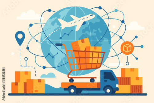 Global logistics network with globe, airplane, truck and shopping cart. Concept for international trade, e-commerce, supply chain management, and worldwide package delivery.