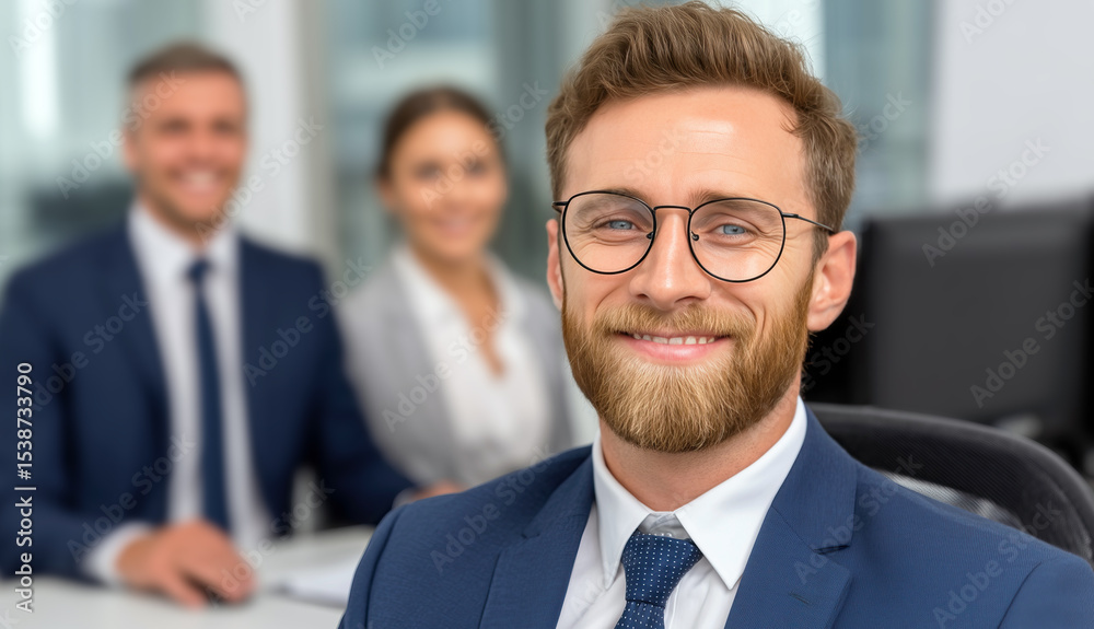 Business Professional Smiling Camera with Colleagues in Background Office Business Professional Smiling Camera with Colleagues in Background Office