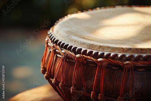 Detailed photography capturing rich texture of handcrafted tabla, with visible drum skin and polished wood grain. Ideal for illustrating Indian music, culture, and artisan-made musical instruments