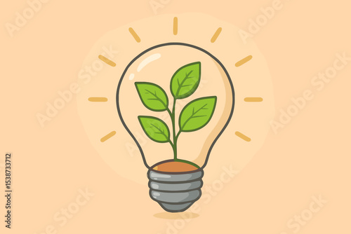 Eco friendly innovation concept. Green energy and sustainability metaphor. Plant growing inside a lightbulb. Renewable power and environmental conservation idea. Ecology illustration.