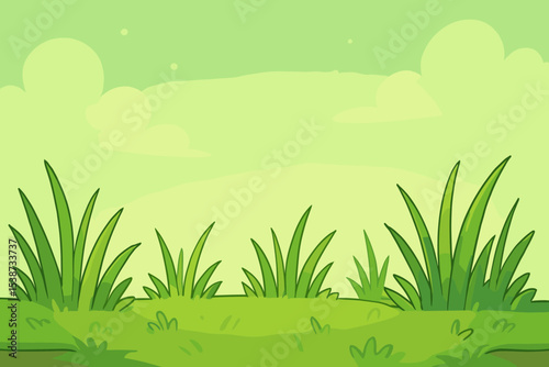 Cartoon green grass landscape background. Vector illustration of a summer meadow with fresh lawn and clouds in the sky. Simple natural scene for kids or eco-friendly concept.