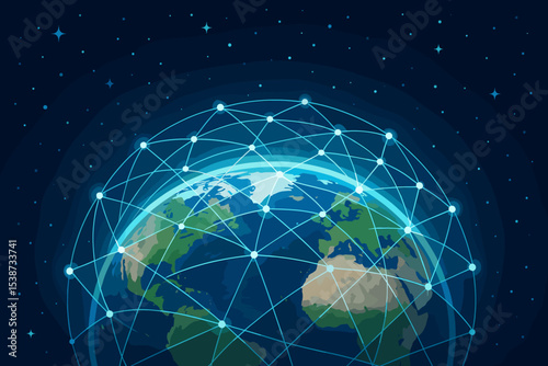 Global network connection concept. Planet Earth from space with worldwide communication grid. Internet technology and futuristic data exchange. Globalization and business vector.