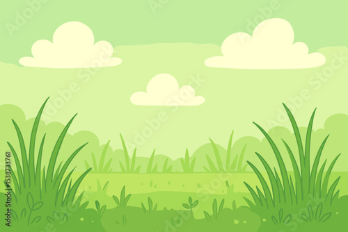 Simple cartoon landscape background with green grass field and cute clouds. Vector illustration of a summer or spring meadow. Natural scenery for kids, children's books or games.