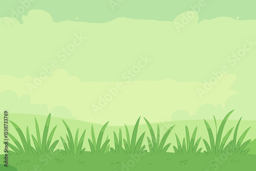 Green nature landscape background. Vector illustration of a cartoon summer field or meadow with fresh grass, rolling hills and clouds in the sky. Simple, cute, eco concept.