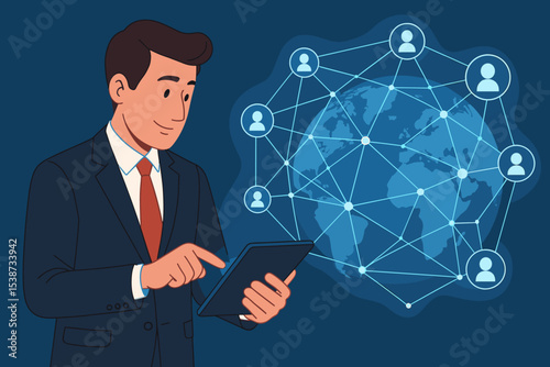 Businessman using tablet for global communication and networking. Illustration of international business connection, worldwide data exchange, and social media technology on a world map.