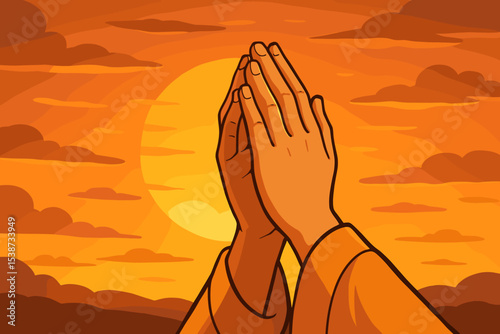 Praying hands illustration at sunset. Religious concept of faith, spirituality, and hope. Hands clasped in prayer gesture. Worship, belief in God, and gratitude symbol vector.