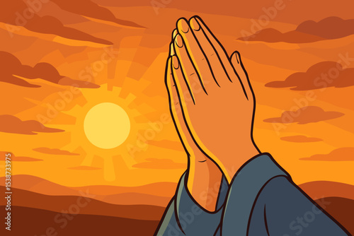 Praying hands concept of faith and religion. Spirituality and belief vector illustration. Worship, gratitude and hope. Person in prayer gesture at sunset with sun rays.