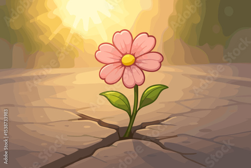 Resilient flower growing from a crack in concrete pavement. Metaphor for hope, strength, and perseverance. A concept of overcoming adversity, survival, new life and growth.