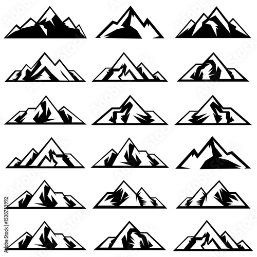 A collection of different mountain silhouette set isolated all black on a white background. Nature icons for outdoor design. Vector illustration.