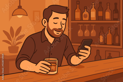 Man relaxing at a bar counter with a glass of whiskey, smiling while looking at his smartphone. Vector illustration of a man chatting online, using social media or a dating app.