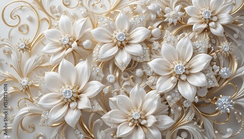 Elegant white flowers with gold accents and crystal embellishments in luxurious 3D style. Perfect for wedding decor, luxury branding, or background designs.