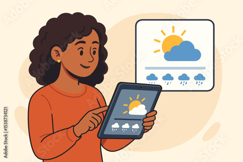 Black woman checking weather forecast on a tablet using a mobile app. Digital meteorology concept with UI showing sun, cloud, and rain icons. Daily planning with technology vector.