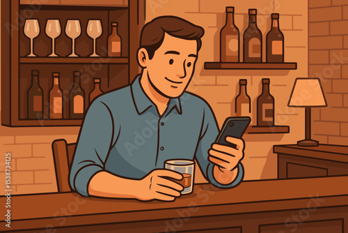Man relaxing at a bar counter, using a smartphone while drinking whiskey. Guy chatting or browsing social media alone in a pub. Modern leisure, communication, online dating concept.