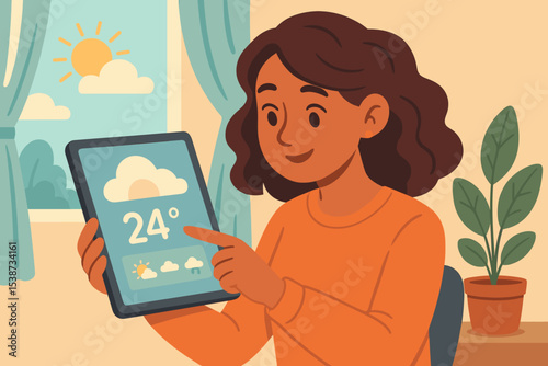 Woman checking the daily weather forecast on a digital tablet at home. Happy person using a meteorology app for temperature and climate information. Modern lifestyle and technology concept.