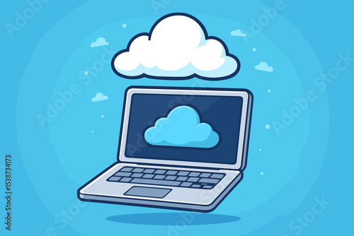 Cloud computing technology concept with a laptop computer. Online data storage, backup, and file synchronization. Cartoon vector illustration for web hosting, servers, and digital networks.