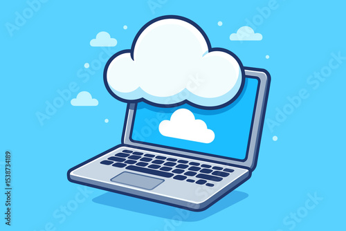 Cloud computing technology vector illustration. Laptop computer with cloud symbol for online data storage, backup, and sync. Concept of internet services, web hosting, and network.