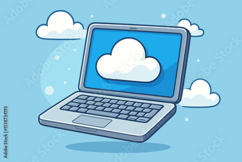 Cloud computing technology vector illustration. Laptop computer with cloud symbol on screen representing data storage, network service, online backup, information synchronization, and web hosting.