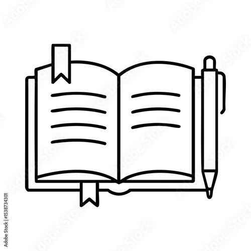 Open notebook with pen and bookmarks icon